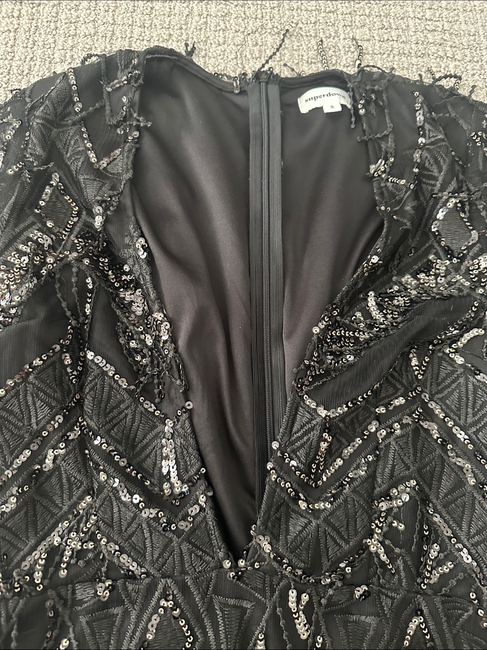 Super down Black Beaded Fringe plunge V-Neck Mini Dress - Picture 3 of 5